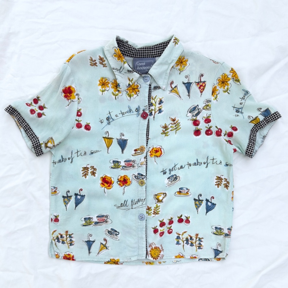 Vintage 90s Carol Anderson Petites Pastel Blue Novelty Print Button Down Blouse